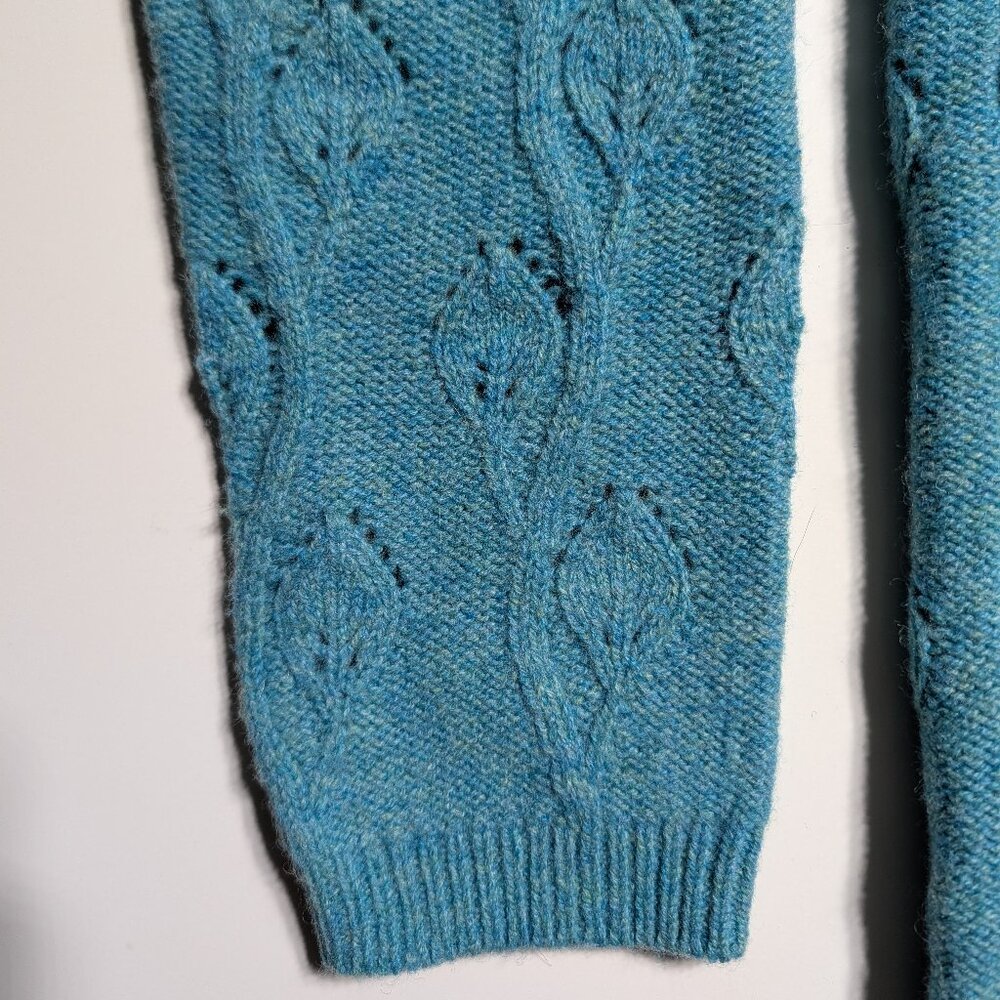 WoolOvers Womens M Cableknit Wool Cardigan Sweater Blue Green Teal Lambswool - Picture 5 of 9
